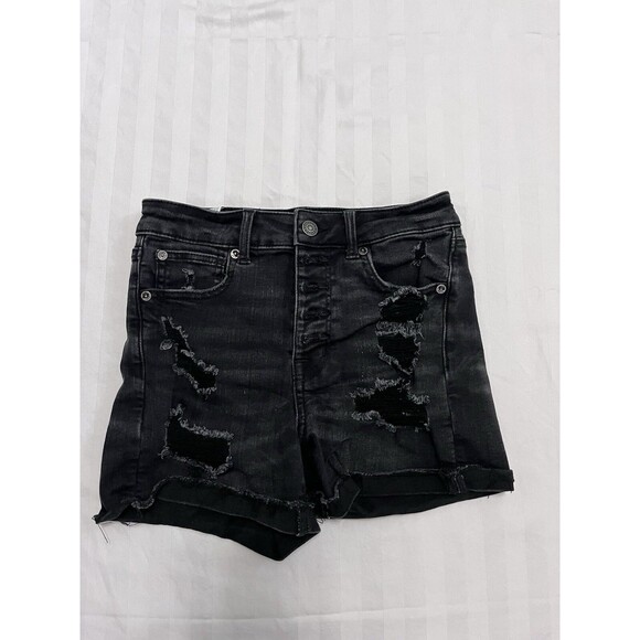 AMERICAN EAGLE Distressed Next Level Stretch Cuffed Hi Rise Shortie Shorts Sz 2 - Picture 1 of 9